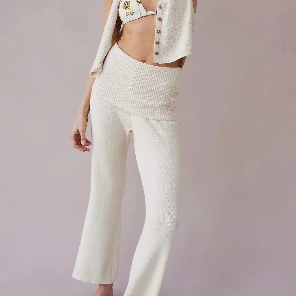Free People Ruby Wide Leg Mid Rise Knit Sweater Trouser Beige Size XS